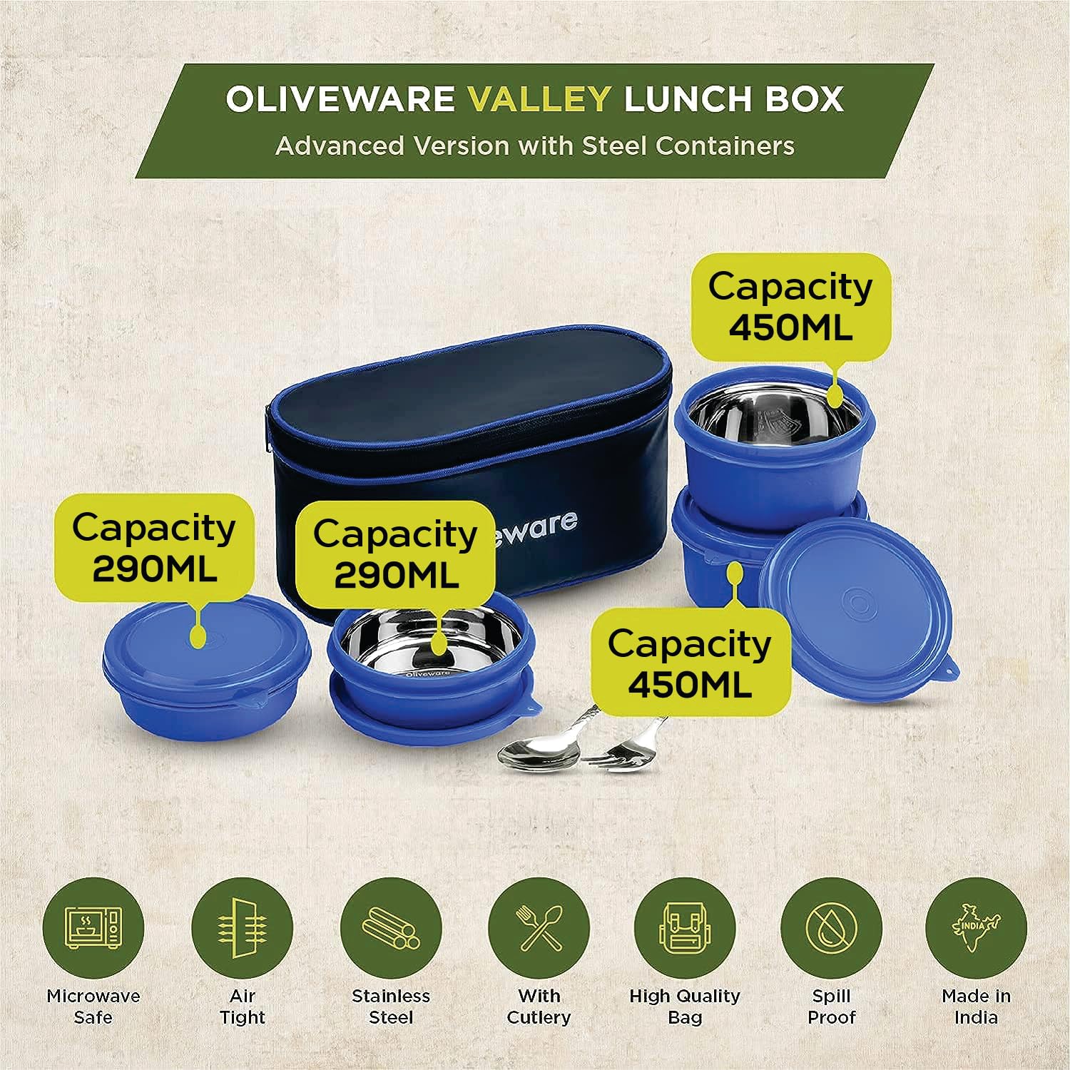 SOPL-OLIVEWARE Valley Lunch Box, Steel Spoon & Fork, Microwave Safe, 4 Inner Steel Container with BPA Free Lid (2 * 290ml & 2 * 450ml), Fabric Bag - Red