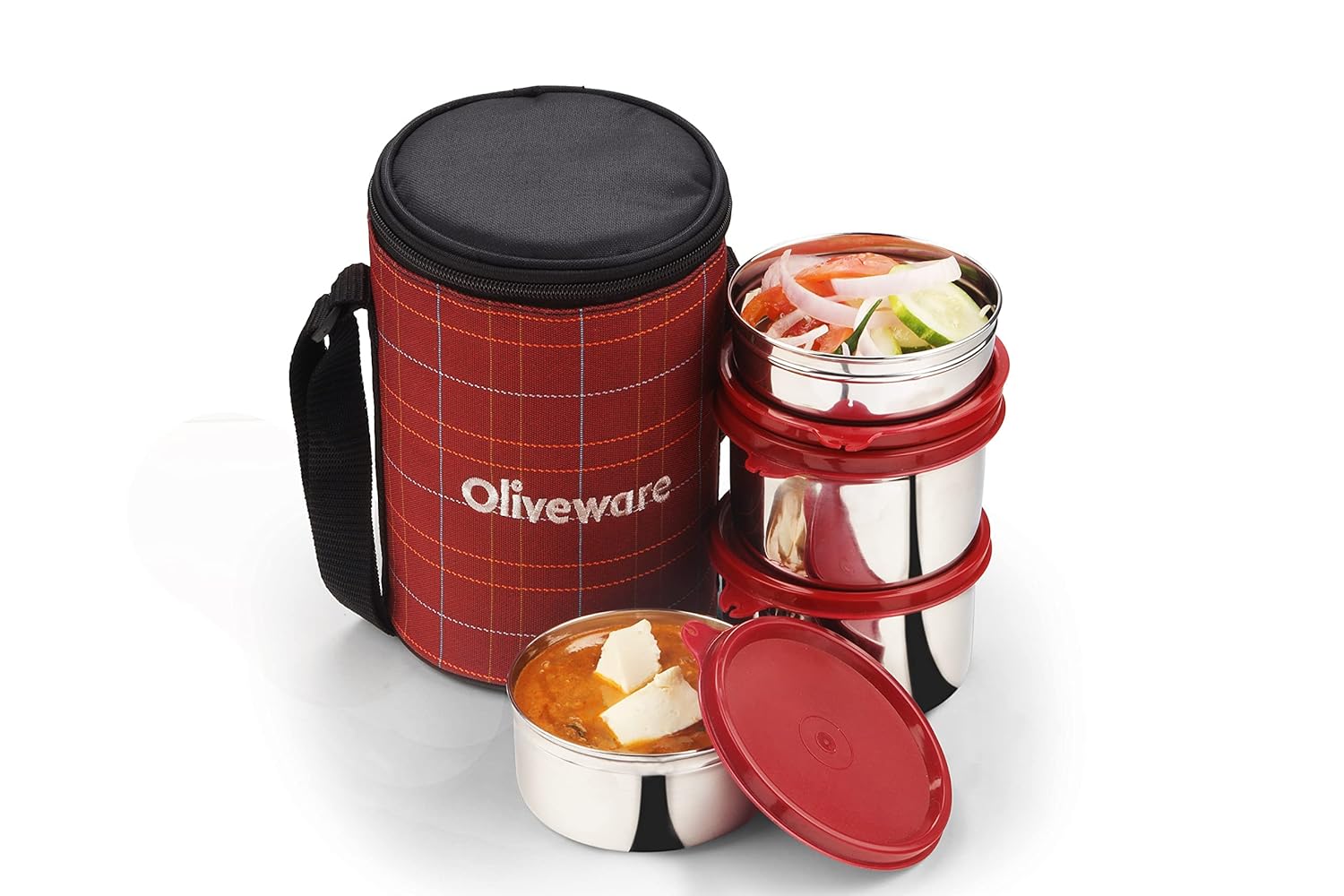 SOPL-OLIVEWARE Mega Lunch Box, 100% Leak Proof, 4 Stainless Steel Containers with BPA Free Airtight Lids (300ml, 450ml, 2x600ml), Fabric Bag - Red