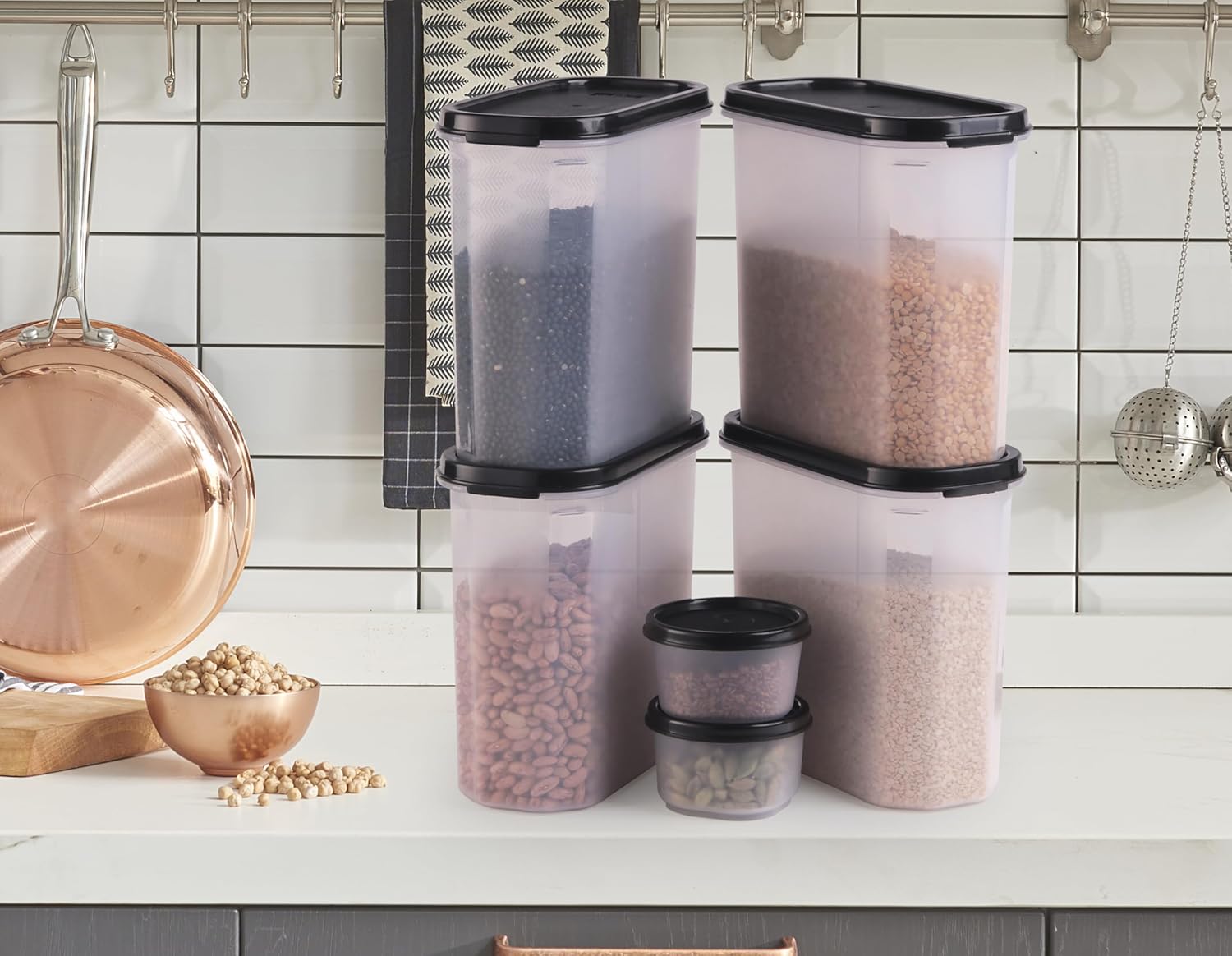 Oliveware Modular Storage Containers, BPA Free, For Pulses, Rice, Dal, Atta & Flour, Set of 6 (4x1800ml, 2x180ml) - Black