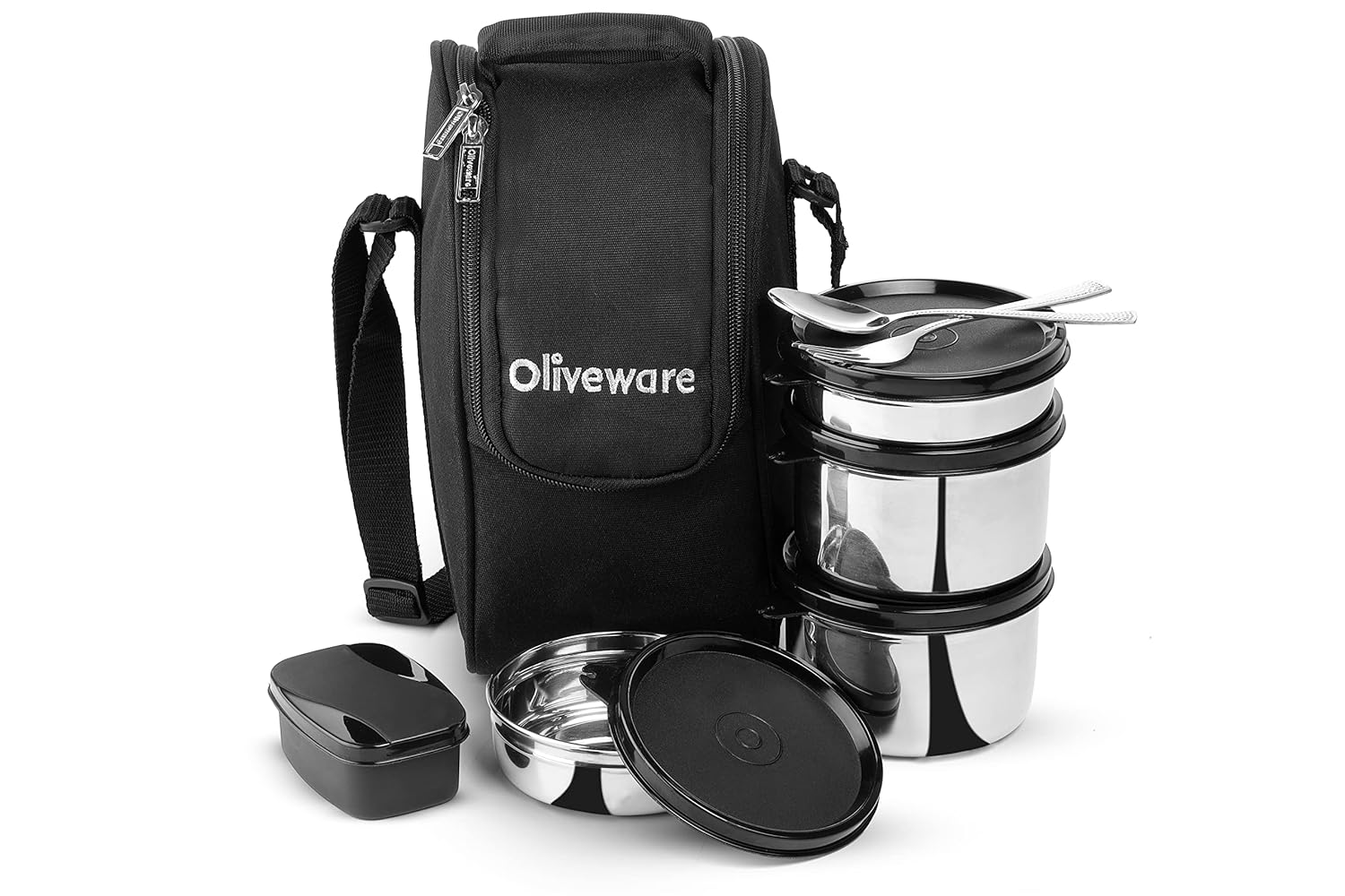 SOPL-OLIVEWARE Executive Lunch Box, 100% Leak Proof, 4 Stainless Steel Containers with BPA Free Lids (2x300ml & 2x600ml), Plastic Pickle Box (130ml), Steel Cutlery, Fabric Bag - Black