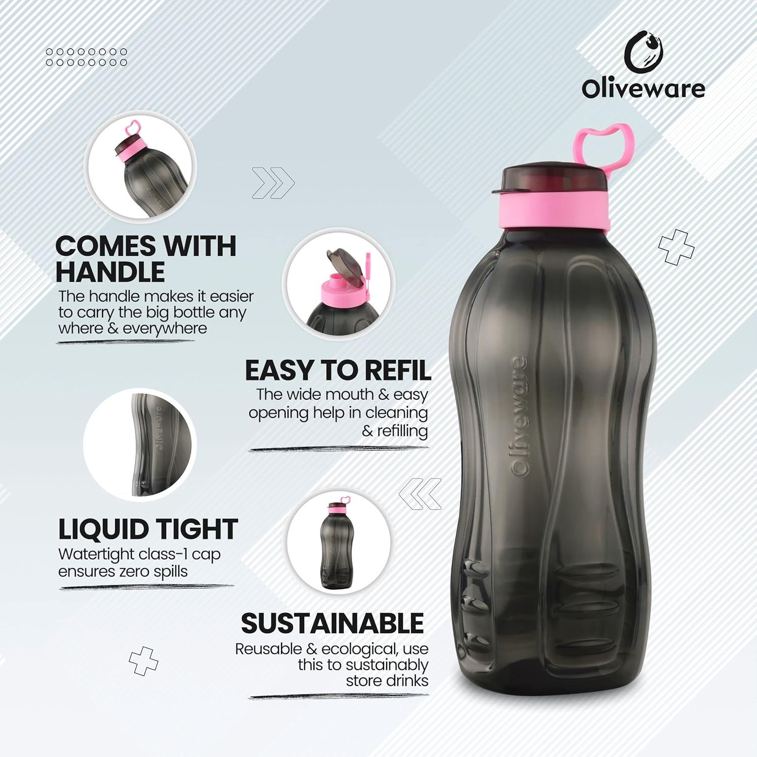 oliveware Jumbo 2 Litre Water Bottle | for Home, Office & Gym | Sturdy with Holder | 100% Leak Proof | BPA Free Premium Plastic Bottle- Pack of 1(Black_Pink)