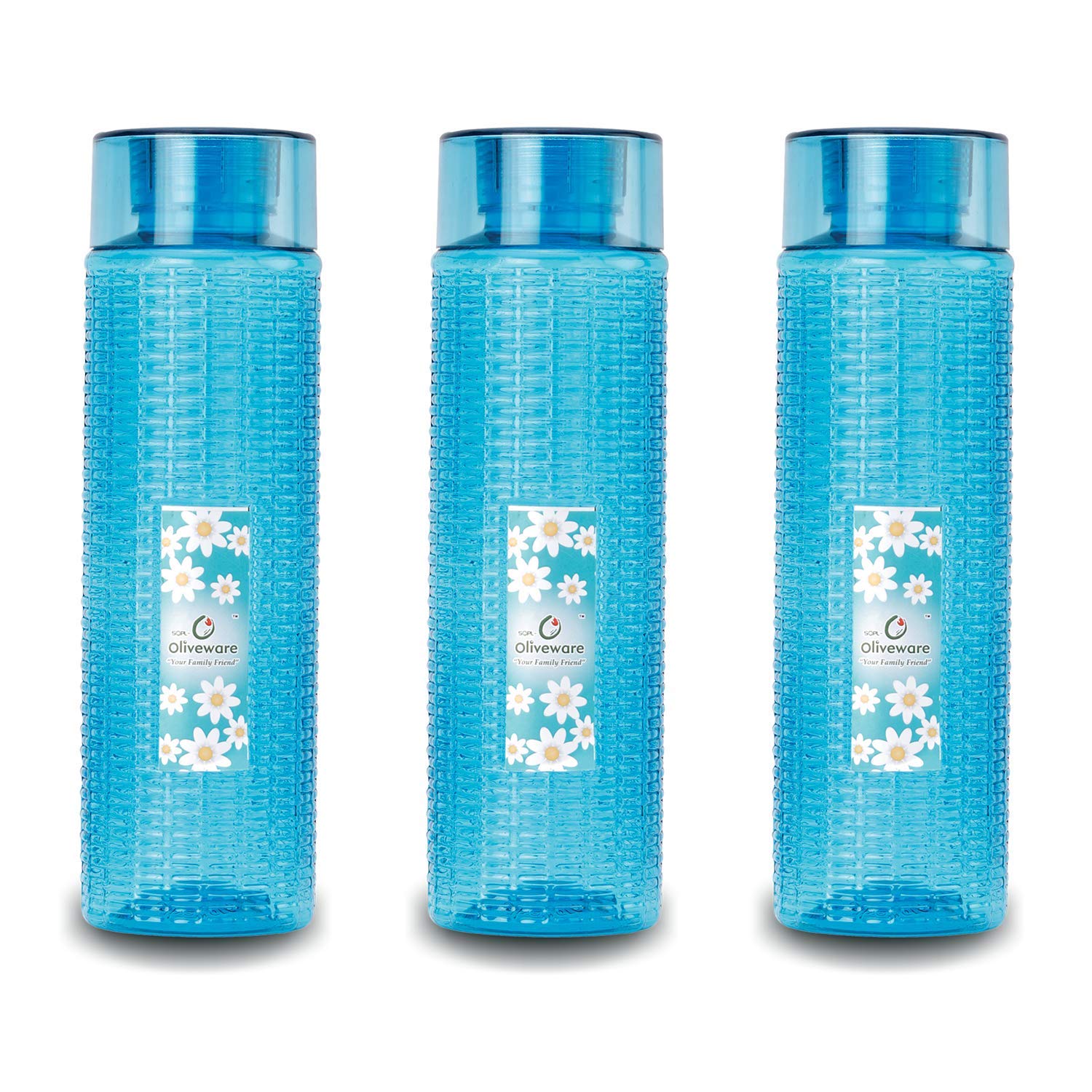 oliveware Round Water Bottle, BPA Free & 100% Leak Proof, 1 Litre Bottle, Better Grip, for Home & Office Use, set of 6 - Blue