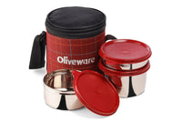 SOPL-OLIVEWARE Bliss Lunch Box, 100% Leak Proof, 3 Stainless Steel Containers with BPA Free Airtight Lids (300 ml, 450 ml, 600 ml), Fabric Bag - Red