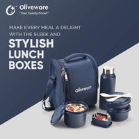 SOPL-OLIVEWARE Teso Elite Pro Lunch Box with Steel Cutlery, BPA free Lids, 3 Microwave Safe Inside Steel Containers (290ml, 450ml & 600ml), Plastic Pickle Box (130ml), Steel Water Bottle(750ml) - Blue