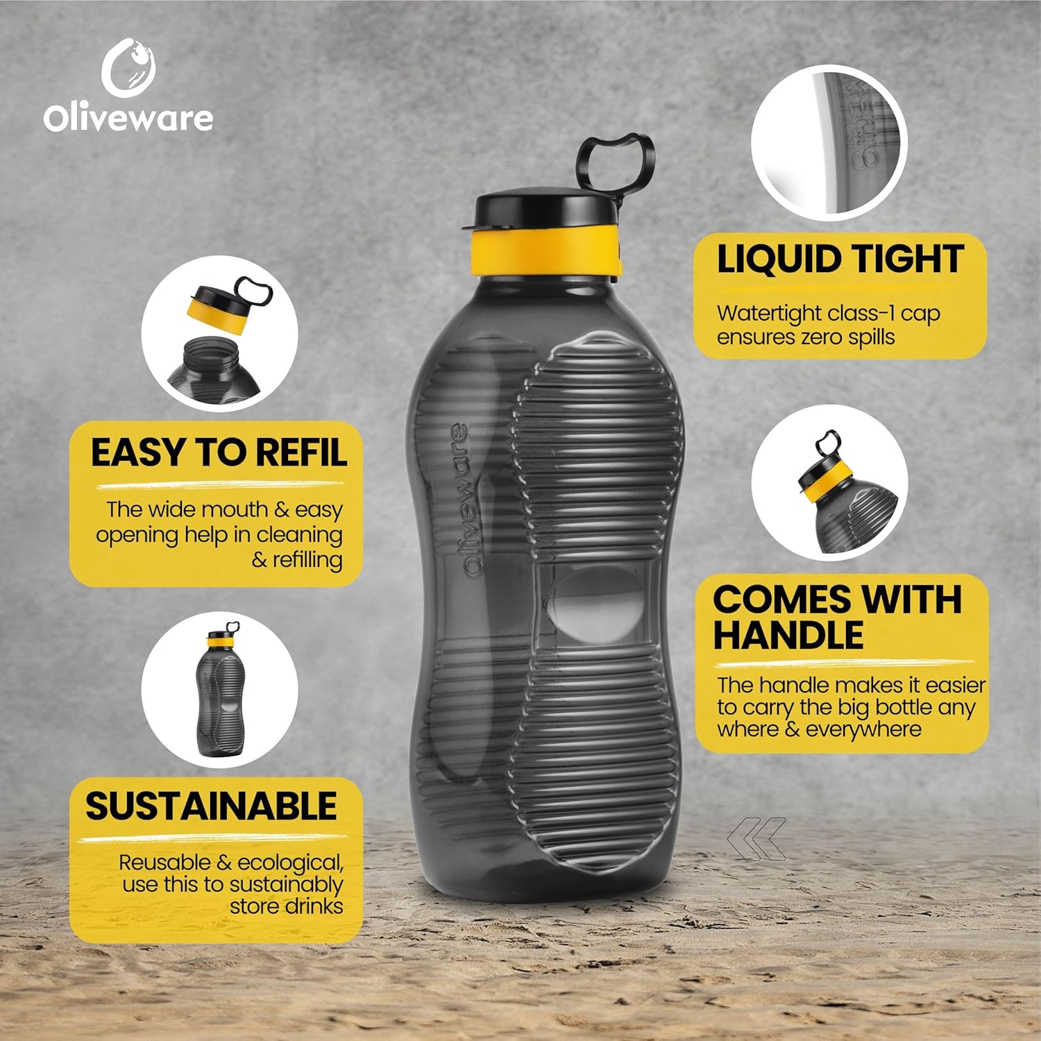 Oliveware King 2 Litre Water Bottle | For Home, Office & Gym | 2000 ML Jumbo Size | Sturdy with Holder | BPA Free Premium Bottle | Best Big 2L Bottle - Black Yellow