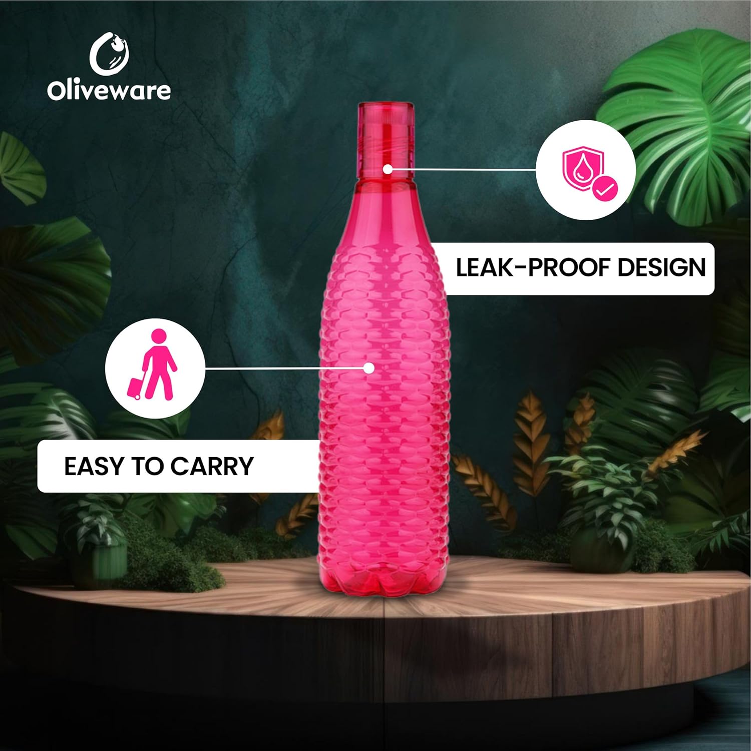 oliveware Premium Mosaic Range Plastic Water Bottle, 1L, Set of 3, Pink