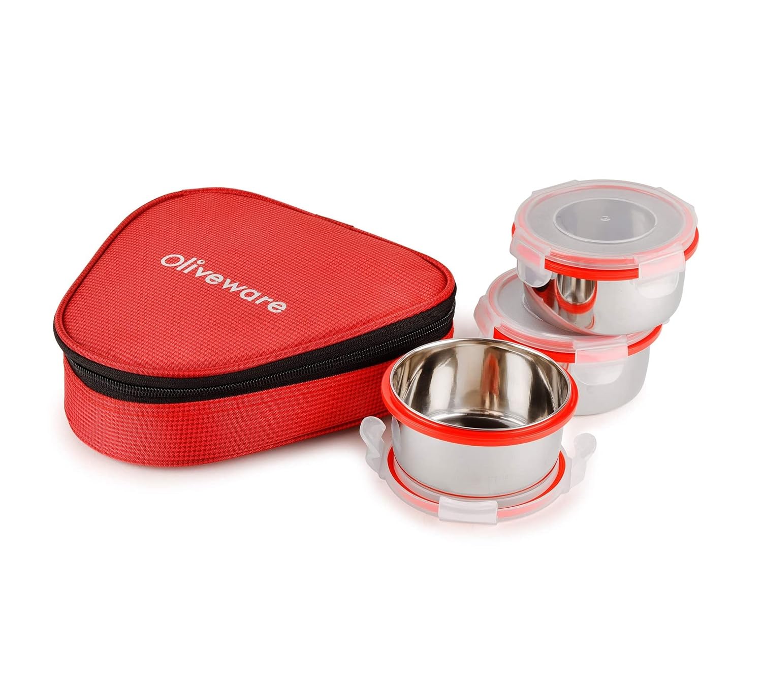 oliveware Freshy Lunch Box, Leak Proof, 3 Stainless Steel Containers with BPA Free Lid (300ml) Each, Fabric Bag - Red