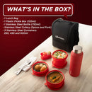 SOPL-OLIVEWARE Teso Pro Lunch Box With Steel Cutlery,3 Microwave Safe Inner Steel Containers With Bpa Free Lids(290Ml,450Ml&600Ml)Plastic Pickle Box(130Ml)Steel Water Bottle(750Ml)-Red,1470 Ml