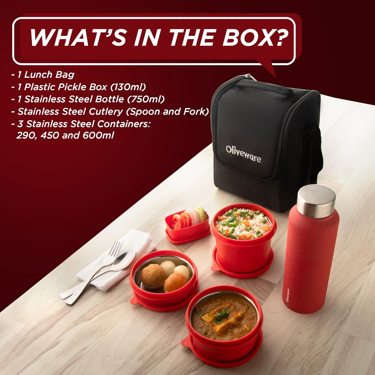 SOPL-OLIVEWARE Teso Pro Lunch Box With Steel Cutlery,3 Microwave Safe Inner Steel Containers With Bpa Free Lids(290Ml,450Ml&600Ml)Plastic Pickle Box(130Ml)Steel Water Bottle(750Ml)-Red,1470 Ml