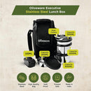 SOPL-OLIVEWARE Executive Lunch Box, 100% Leak Proof, 4 Stainless Steel Containers with BPA Free Lids (2x300ml & 2x600ml), Plastic Pickle Box (130ml), Steel Cutlery, Fabric Bag - Black