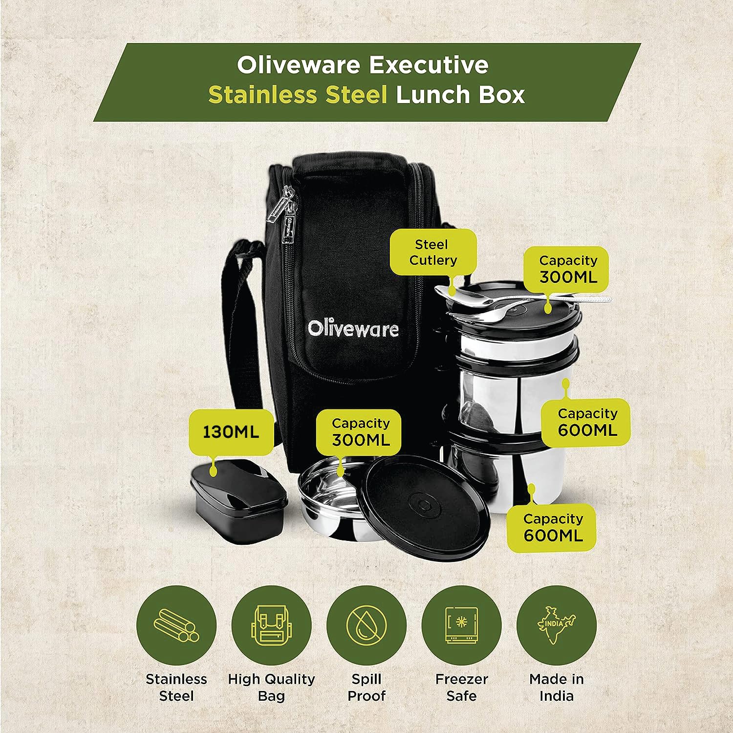 SOPL-OLIVEWARE Executive Lunch Box, 100% Leak Proof, 4 Stainless Steel Containers with BPA Free Lids (2x300ml & 2x600ml), Plastic Pickle Box (130ml), Steel Cutlery, Fabric Bag - Black