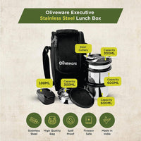 SOPL-OLIVEWARE Executive Lunch Box, 100% Leak Proof, 4 Stainless Steel Containers with BPA Free Lids (2x300ml & 2x600ml), Plastic Pickle Box (130ml), Steel Cutlery, Fabric Bag - Black