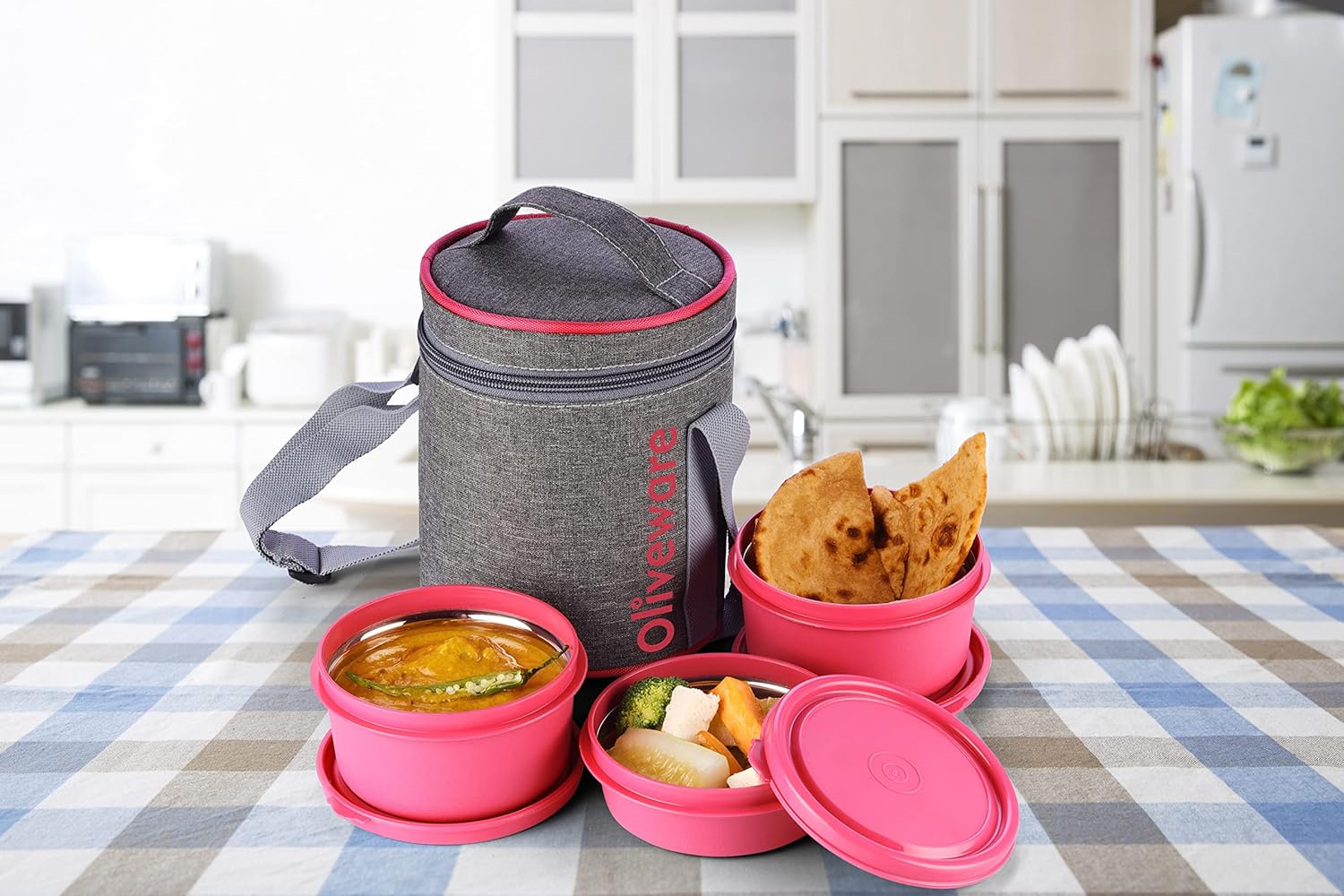 Oliveware Monarch Lunch Box, Microwave Safe & Leak Proof, 3 Inside Steel Containers with BPA Free Airtight Lids (290ml, 450ml & 450ml), Fabric Bag - Pink
