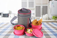 Oliveware Monarch Lunch Box, Microwave Safe & Leak Proof, 3 Inside Steel Containers with BPA Free Airtight Lids (290ml, 450ml & 450ml), Fabric Bag - Pink