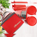 oliveware Mayo Lunch Box, 3 Stainless Steel Containers with BPA Free Lids (300ml, 300ml, 580ml), Plastic Sipper (450ml), Leak Proof, Full Meal & Easy to Carry - Red