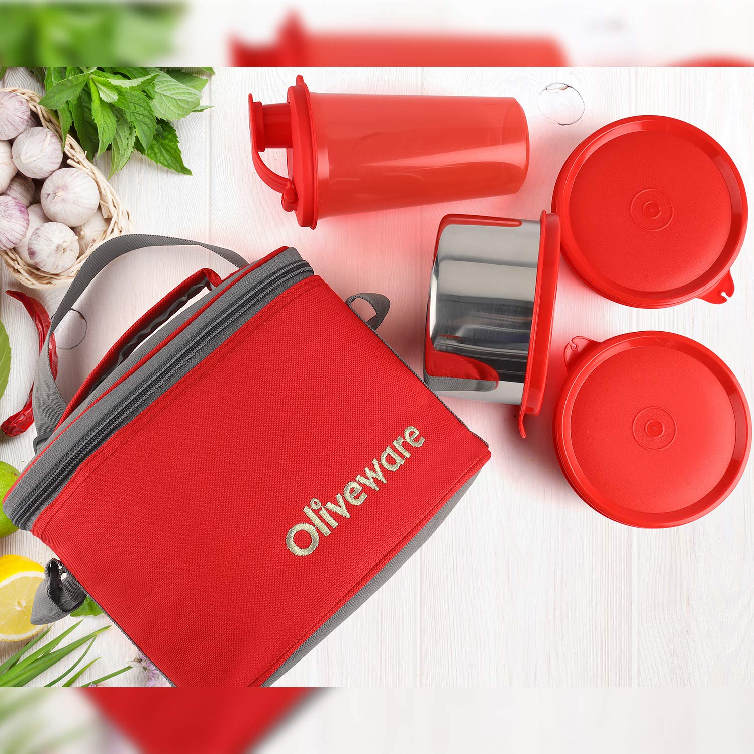 oliveware Mayo Lunch Box, 3 Stainless Steel Containers with BPA Free Lids (300ml, 300ml, 580ml), Plastic Sipper (450ml), Leak Proof, Full Meal & Easy to Carry - Red