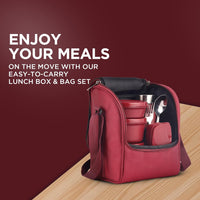 SOPL-OLIVEWARE Teso Pro Lunch Box With Steel Cutlery,3 Microwave Safe Inner Steel Containers With Bpa Free Lids(290Ml,450Ml,600Ml)Plastic Pickle Box(130Ml)Steel Water Bottle(750Ml)-Maroon,600 Ml