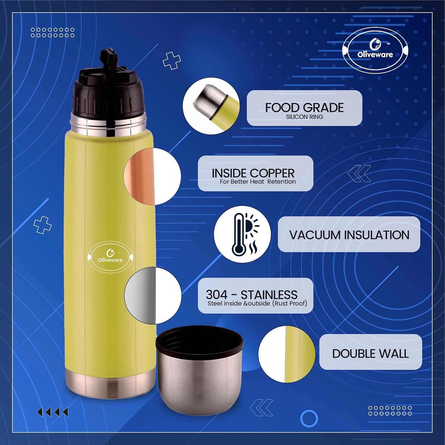 SOPL-OLIVEWARE Spyker Vacuum Double Wall Flask Bottle, Stainless Steel (500ml), Hot & Cold, Insulated Bottle, Fit for Indoor & Outdoors - Green