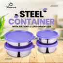 oliveware Elegant Combo Storage Containers, 100% Leak Proof and Dishwasher Safe, 4 Stainless Steel Containers with BPA Free Lid (2x450ml & 2x250ml) - Voilet