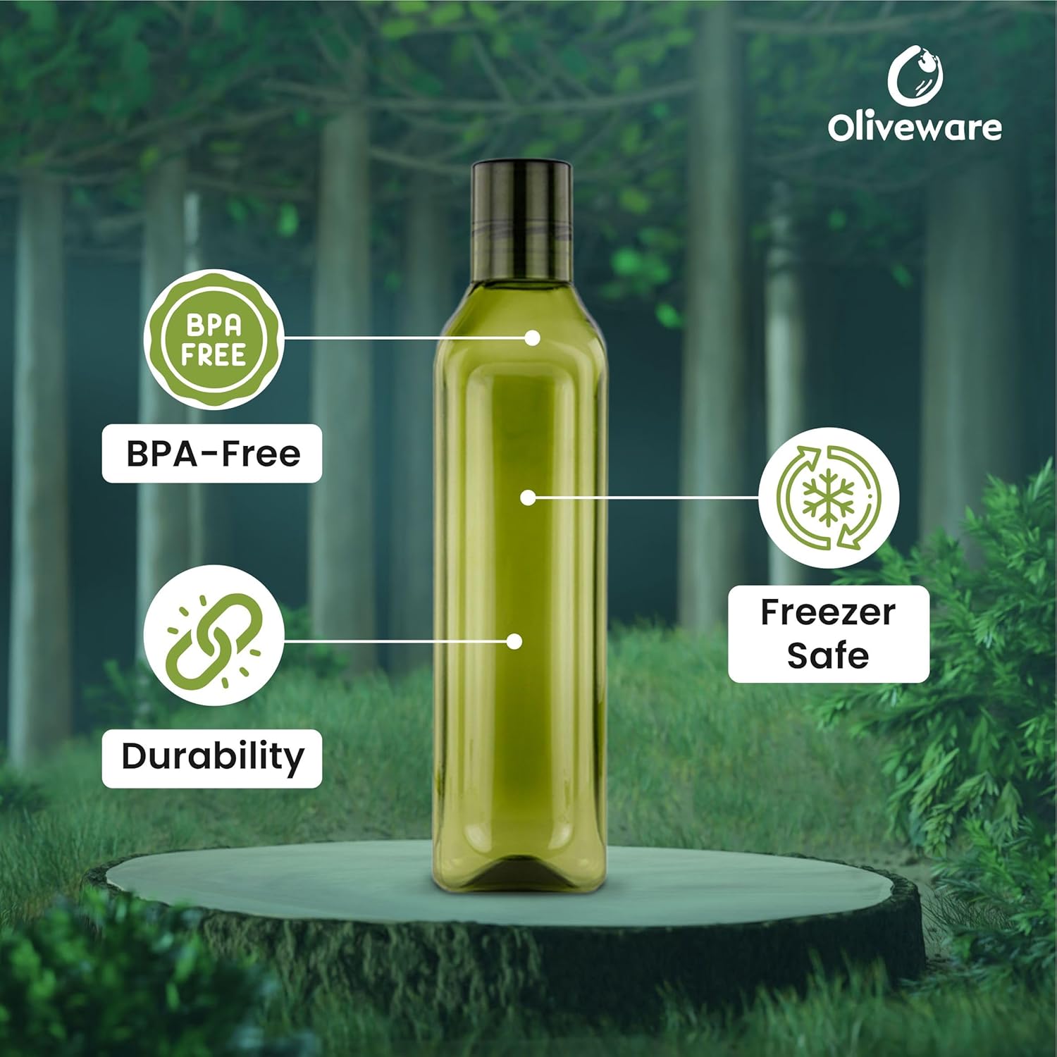 Oliveware Premium Plastic Water Bottle, 1L, Set of 3, Green