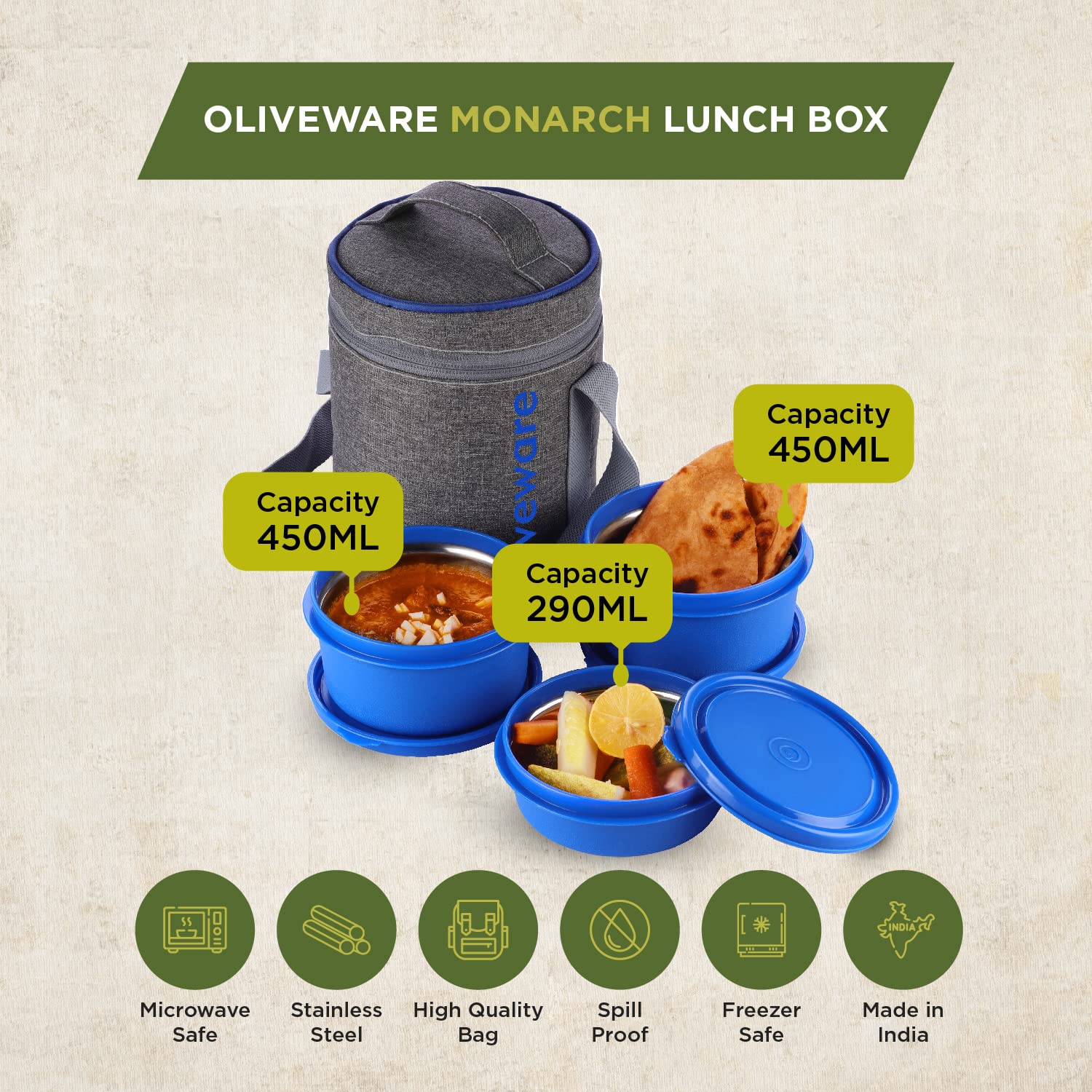 SOPL-OLIVEWARE Monarch Lunch Box with Bag, Microwave Safe & Leak Proof, 3 Inside Steel Containers & BPA Free Airtight Lids (290ml, 450ml & 450ml), Fabric Bag - Blue