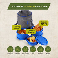 SOPL-OLIVEWARE Monarch Lunch Box with Bag, Microwave Safe & Leak Proof, 3 Inside Steel Containers & BPA Free Airtight Lids (290ml, 450ml & 450ml), Fabric Bag - Blue