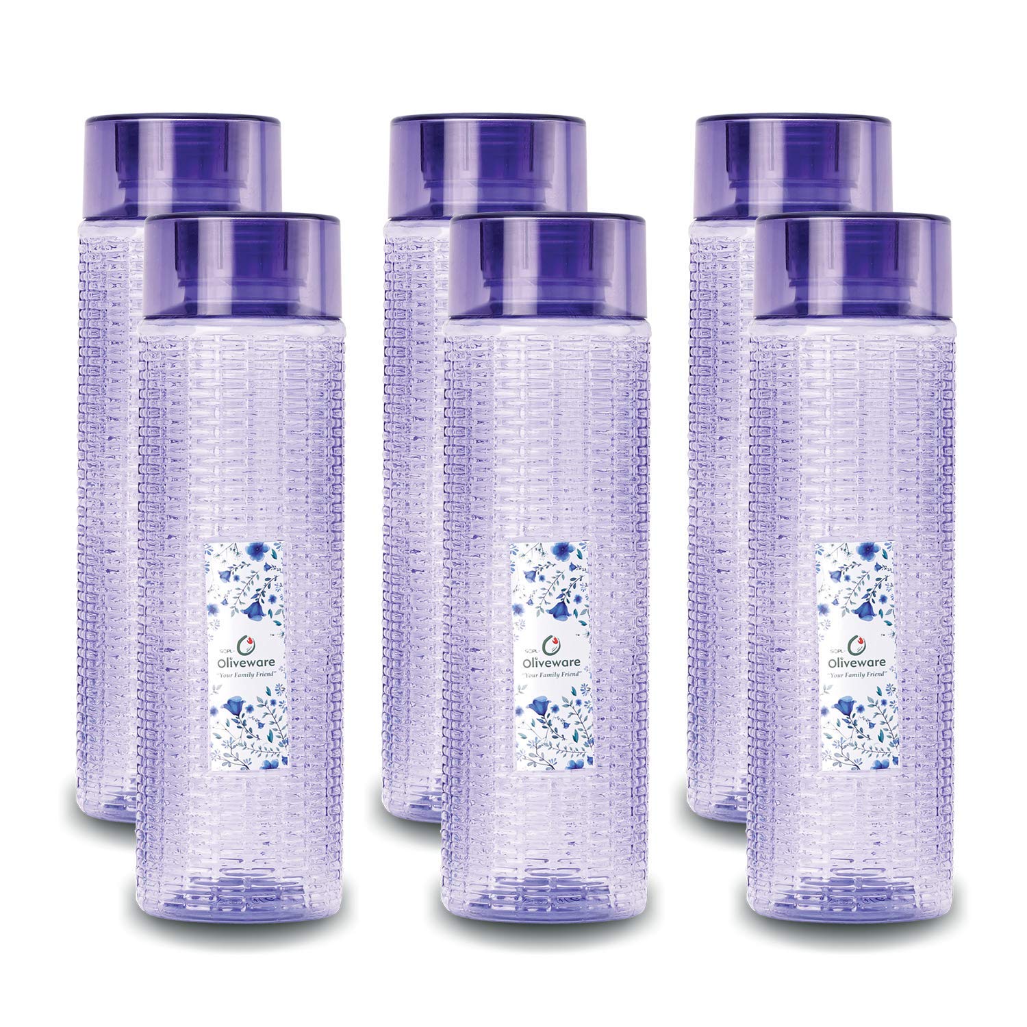 oliveware Round Water Bottle, BPA Free & 100% Leak Proof, 1 Litre Bottle, Better Grip, for Home & Office Use, Set of 6 - Voilet