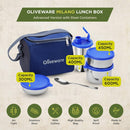 SOPL-OLIVEWARE Milano Lunch Box, Leak Proof, 3 Stainless Steel Containers with BPA Free Lids (300ml, 450ml, 600ml), Steel Spoon & Tumbler (400ml), Fabric Bag - Blue