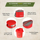 oliveware Mayo Lunch Box, 3 Stainless Steel Containers with BPA Free Lids (300ml, 300ml, 580ml), Plastic Sipper (450ml), Leak Proof, Full Meal & Easy to Carry - Red
