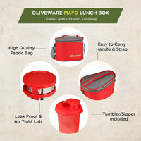 oliveware Mayo Lunch Box, 3 Stainless Steel Containers with BPA Free Lids (300ml, 300ml, 580ml), Plastic Sipper (450ml), Leak Proof, Full Meal & Easy to Carry - Red