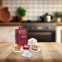 SOPL-OLIVEWARE Executive Glassware Lunchbox, Borosilicate Glass, Microwave Safe,Set of 3 with BPA Free Lid (320ml) Each - Mahroon