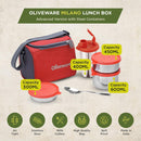 SOPL-OLIVEWARE Milano Lunch Box, Leak Proof, 3 Stainless Steel Containers with BPA Free Lids (300ml, 450ml, 600ml), Steel Spoon & Tumbler (400ml), Fabric Bag - Red