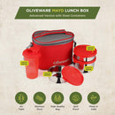 oliveware Mayo Lunch Box, 3 Stainless Steel Containers with BPA Free Lids (300ml, 300ml, 580ml), Plastic Sipper (450ml), Leak Proof, Full Meal & Easy to Carry - Red