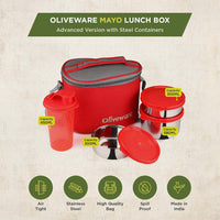 oliveware Mayo Lunch Box, 3 Stainless Steel Containers with BPA Free Lids (300ml, 300ml, 580ml), Plastic Sipper (450ml), Leak Proof, Full Meal & Easy to Carry - Red