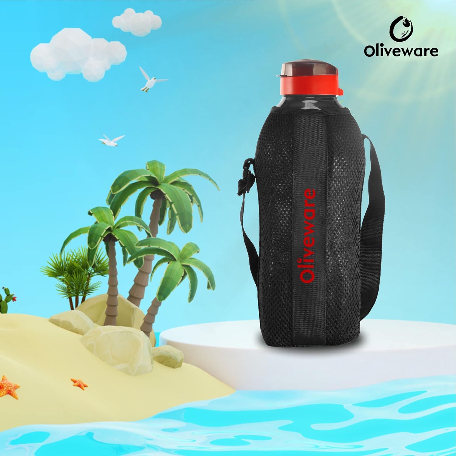 oliveware SOPL Jumbo Water Bottle With Washable Carry Sleeve, Shoulder Strap, 2 Litre Bottle, BPA Free & Leak Proof, Fits in Fridge, Pack of 1 (Black_Red)