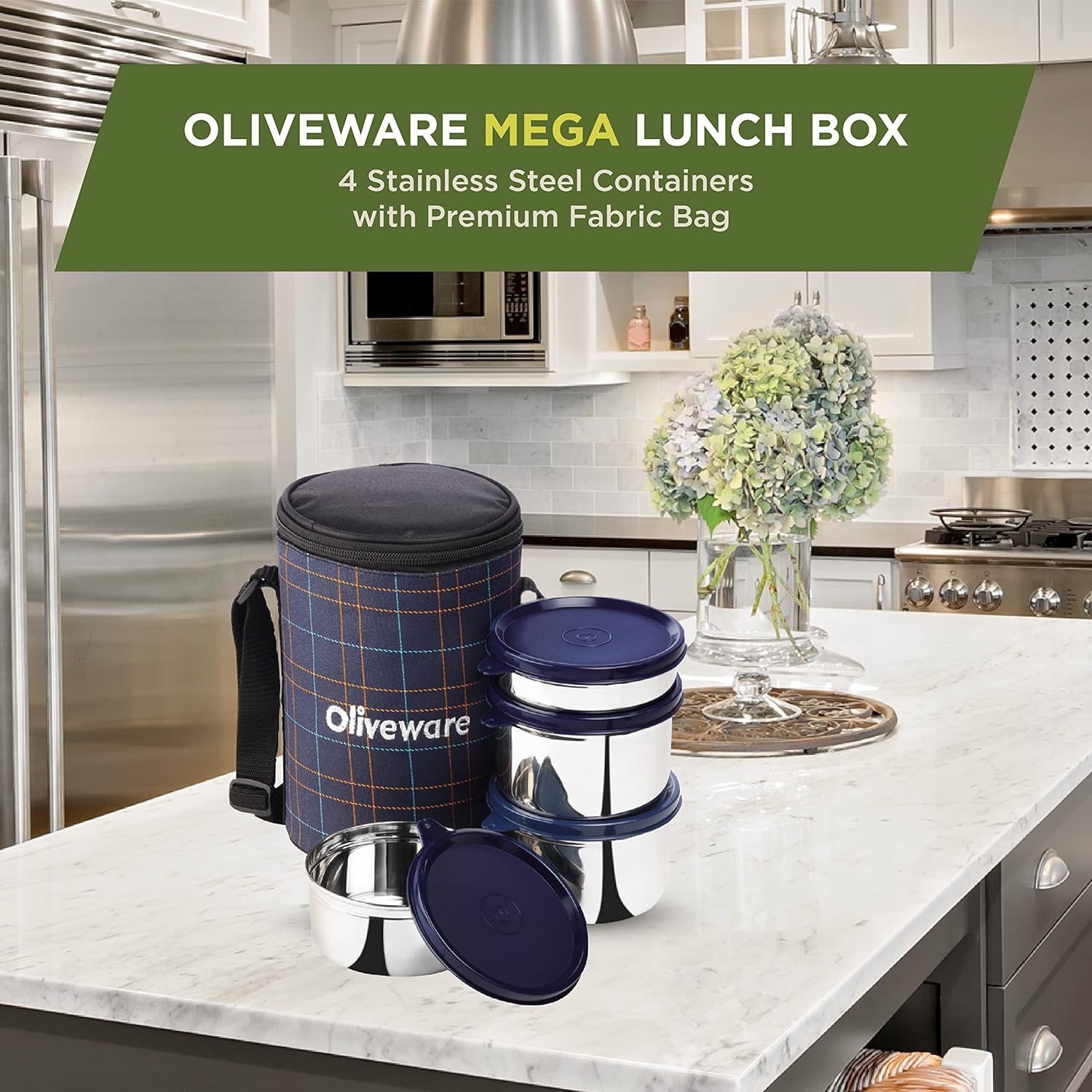 SOPL-OLIVEWARE Mega Lunch Box, 100% Leak Proof, 4 Stainless Steel Containers with BPA Free Airtight Lids (300ml, 450ml, 2x600ml) - Blue