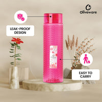 oliveware Round Water Bottle, BPA Free & 100% Leak Proof, 1 Litre Bottle, Better Grip, for Home & Office Use, set of 6 - Pink