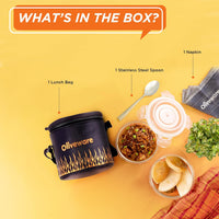 SOPL-OLIVEWARE Sizzle Glassware Round Lunchbox, Borosilicate Glass Containers, Microwave Safe & Leak Proof, 2 Containers with BPA Free Lids (400ml) Each - (Fire, Black_Orange)