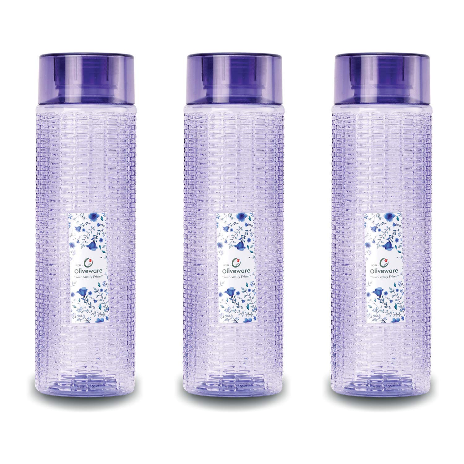 oliveware Round Water Bottle, BPA Free & 100% Leak Proof, 1 Litre Bottle, Better Grip, for Home & Office Use, set of 3 - Voilet
