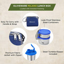 SOPL-OLIVEWARE Milano Lunch Box, Leak Proof, 3 Stainless Steel Containers with BPA Free Lids (300ml, 450ml, 600ml), Steel Spoon & Tumbler (400ml), Fabric Bag - Blue