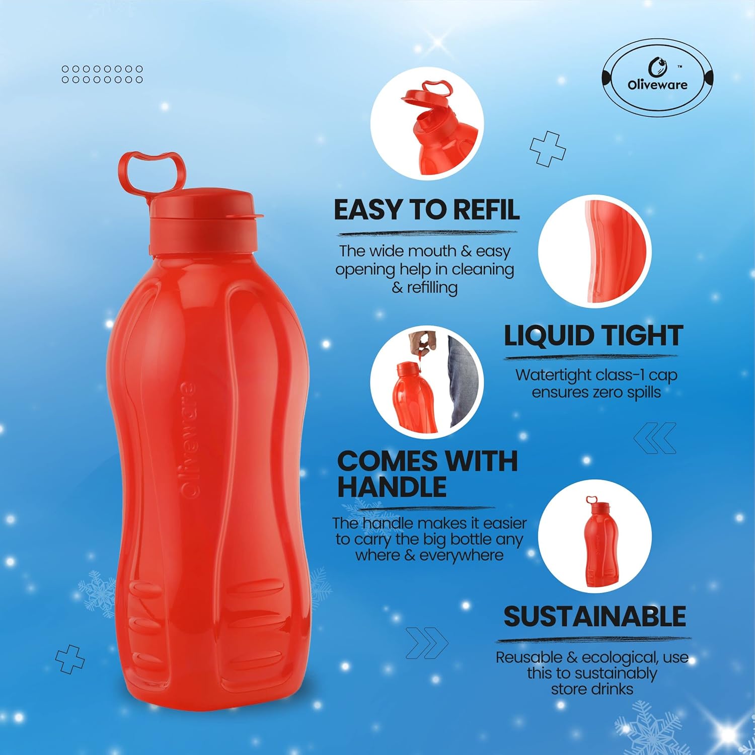 oliveware Jumbo 2 Litre Water Bottle, 100% Leak Proof, BPA Free Premium Plastic Bottle, for Home, Office & Gym, Sturdy with Holder, Pack of 2 (Red & Purple)