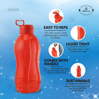 oliveware Jumbo 2 Litre Water Bottle, 100% Leak Proof, BPA Free Premium Plastic Bottle, for Home, Office & Gym, Sturdy with Holder, Pack of 2 (Red)
