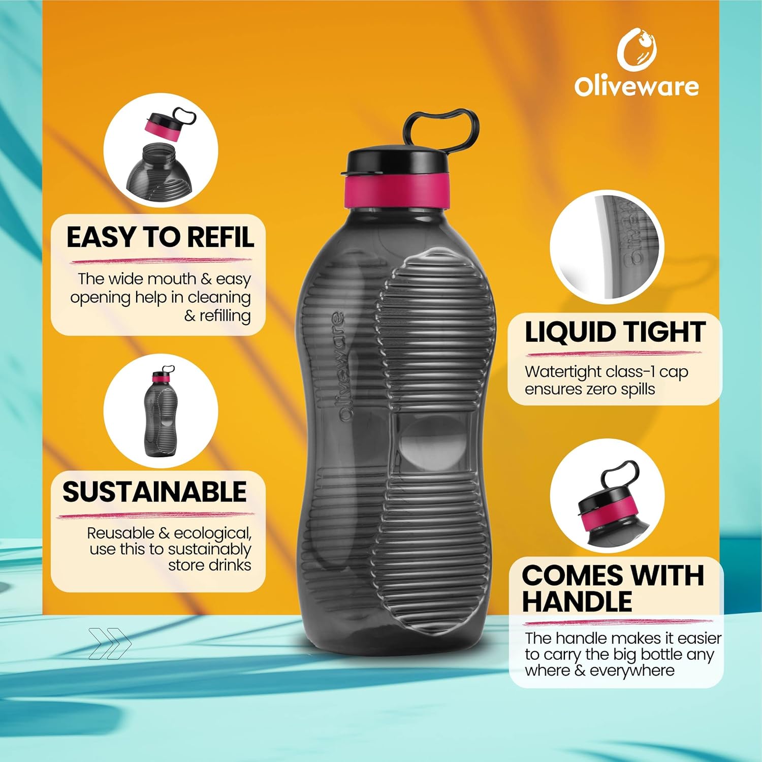 Oliveware King 2 Litre Water Bottle | For Home, Office & Gym | 2000 ML Jumbo Size | Sturdy with Holder | BPA Free Premium Bottle | Best Big 2L Bottle - Black Pink