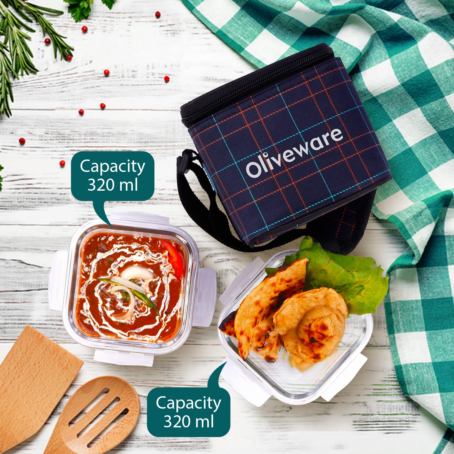 SOPL-OLIVEWARE Feast Glassware Square Lunchbox, Borosilicate Glass Containers, Microwave Safe & Leak Proof, 2 Containers with BPA Free Lids (320ml) Each - Blue