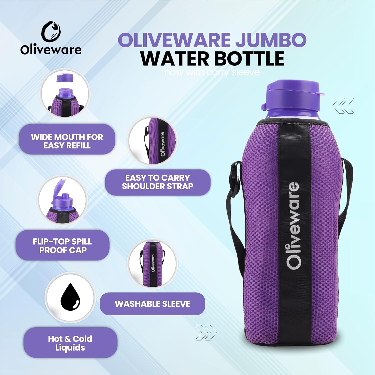 SOPL-OLIVEWARE Jumbo Water Bottle With Washable Carry Sleeve, Shoulder Strap, 2 Litre Bottle, BPA Free & Leak Proof, Fits in Fridge, Pack of 2 - Voilet