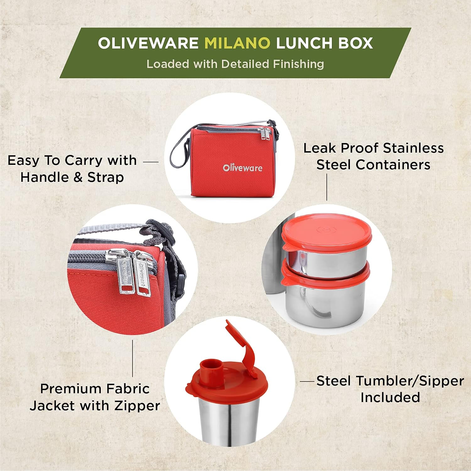 SOPL-OLIVEWARE Milano Lunch Box, Leak Proof, 3 Stainless Steel Containers with BPA Free Lids (300ml, 450ml, 600ml), Steel Spoon & Tumbler (400ml), Fabric Bag - Red
