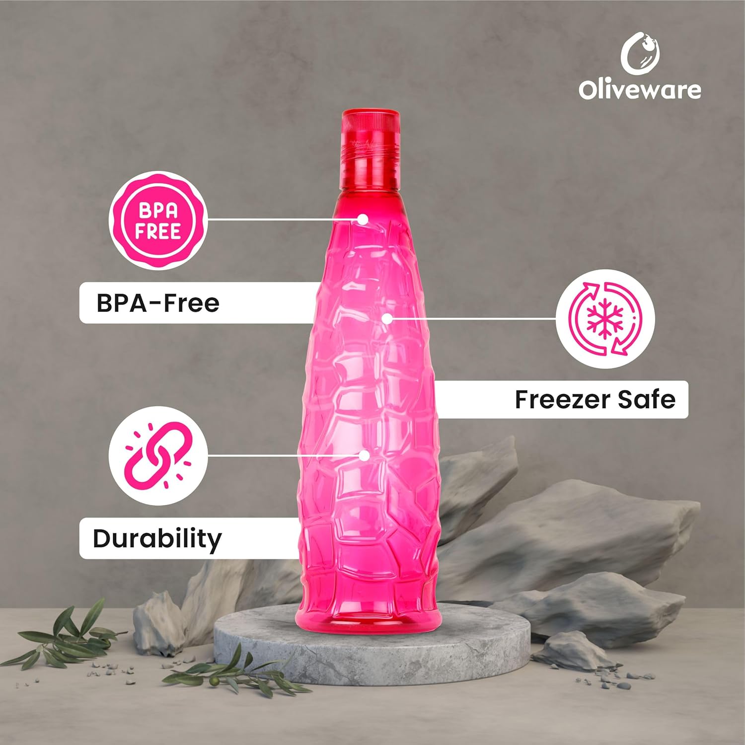 oliveware Stunning Range Premium PET Water Bottle With Better Grip, BPA Free & 100% Leak Proof, 1 Litre Bottle, For Home & Office Use, Pack of 6 - Pink
