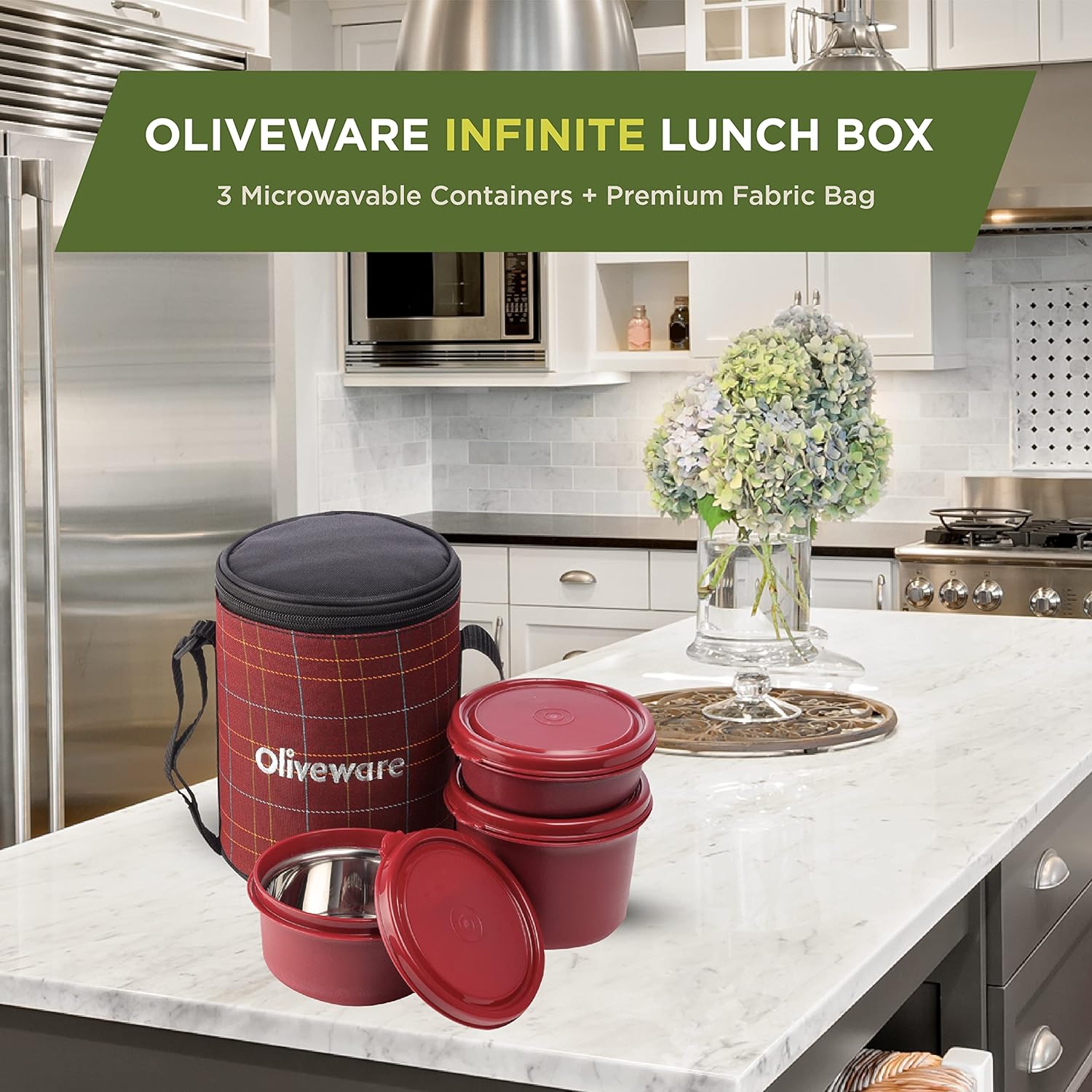 SOPL-OLIVEWARE Infinite Lunch Box, Microwave Safe & Leak Proof, 3 Inside Steel Containers with BPA Free Airtight Lids (290ml, 450ml & 600ml), Fabric Bag - Red