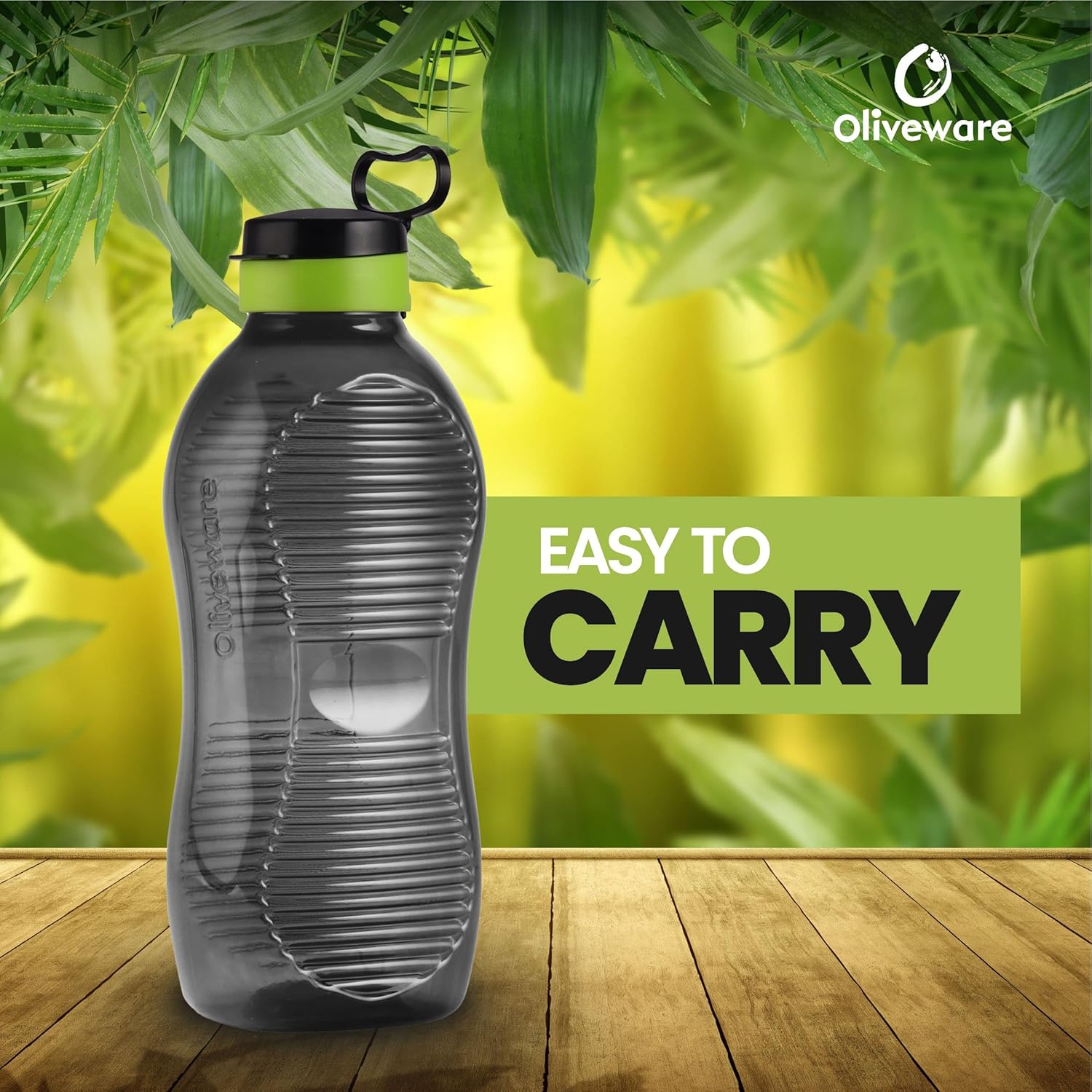 oliveware King Premium Plastic Water Bottle, Sturdy with Holder, Better Grip, BPA Free with 100% Leak Proof, 2 Litre Bottle, Set of 1 - (Black_Green)