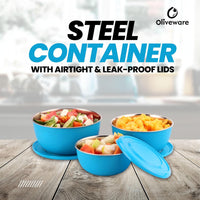 SOPL-OLIVEWARE Tulip Storage Containers, Microwave Safe & Leak Proof, Store & Serve, 3 Stainless Steel Containers with BPA Free Airtight Lid (500ml,800ml & 1250) - Blue